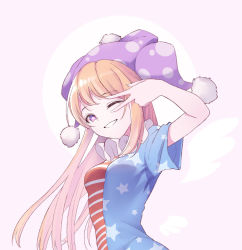 Rule 34 | 1girl, american flag dress, blonde hair, breasts, clownpiece, hat, jester cap, long hair, looking at viewer, neck ruff, polka dot, purple eyes, purple hat, short sleeves, simple background, small breasts, smile, solo, star-shaped pupils, star (symbol), star print, striped, symbol-shaped pupils, touhou, upper body, v over eye, white background, z.o.b