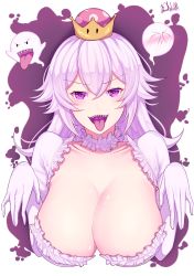 Rule 34 | 1girl, absurdres, band-width, blush, boo (mario), breasts, cleavage, collar, collarbone, commentary, crown, detached collar, dress, elbow gloves, english commentary, frilled collar, frilled dress, frills, ghost pose, gloves, hair between eyes, highres, large breasts, light purple hair, long hair, looking at viewer, luigi&#039;s mansion, mario (series), new super mario bros. u deluxe, nintendo, open mouth, princess king boo, puffy short sleeves, puffy sleeves, purple eyes, sharp teeth, short sleeves, signature, super crown, teeth, tongue, tongue out, upper body, white dress, white gloves
