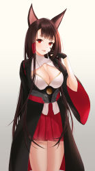 Rule 34 | 1girl, absurdres, akagi (azur lane), animal ears, azur lane, black gloves, black kimono, blush, breasts, brown hair, cleavage, fox ears, fox girl, gloves, gradient background, highres, japanese clothes, kimono, large breasts, long hair, looking at viewer, nersiyan, open mouth, red eyes, red skirt, skirt, smile, solo, wide sleeves
