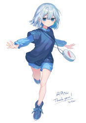 Rule 34 | 1girl, absurdres, bag, blue eyes, blue footwear, blue hair, blue shirt, blue shorts, bob cut, colored inner hair, commentary request, commission, highres, long sleeves, looking at viewer, multicolored hair, open hands, original, outstretched arms, parted lips, shirane rine, shirt, shorts, shoulder bag, simple background, skeb commission, solo, standing, tachi-e, thank you, white background, white hair