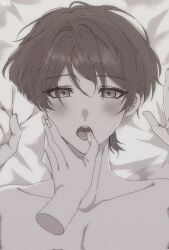 Rule 34 | 1boy, 1other, black hair, blush, disembodied hand, dlgodls0731, genshin impact, greyscale, highres, looking at viewer, lying, monochrome, on back, on bed, open mouth, pov, scaramouche (genshin impact), short hair, solo focus, topless male