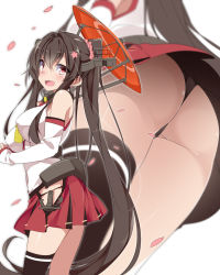 Rule 34 | 1girl, :d, anchor, black panties, black thighhighs, breasts, brown eyes, brown hair, commentary request, flower, from below, hair between eyes, hair flower, hair ornament, highres, hip vent, holding, holding umbrella, kantai collection, large breasts, long hair, miniskirt, mtu (orewamuzituda), multiple views, oil-paper umbrella, open mouth, panties, petals, pink flower, pleated skirt, ponytail, red skirt, simple background, single thighhigh, skirt, smile, thighhighs, umbrella, underwear, very long hair, white background, yamato (kancolle)