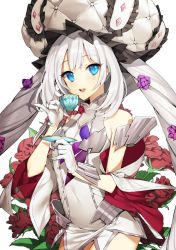 Rule 34 | 1girl, bad id, bad pixiv id, blue eyes, breasts, cup, fate/grand order, fate (series), gambe, gloves, hat, highres, long hair, looking at viewer, marie antoinette (fate), marie antoinette (third ascension) (fate), silver hair, smile, solo, teacup, twintails, very long hair