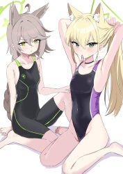 Rule 34 | 2girls, absurdres, animal ears, armpits, barefoot, black one-piece swimsuit, blonde hair, blue archive, braid, breasts, competition swimsuit, covered navel, green eyes, grey hair, halo, highleg, highleg swimsuit, highres, holding, holding hair, kurumi (blue archive), long hair, mochini, mouth hold, multiple girls, one-piece swimsuit, otogi (blue archive), ponytail, simple background, single braid, sitting, small breasts, swimsuit, two-tone swimsuit, wariza, white background, wolf ears