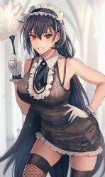 Rule 34 | 1girl, alternate costume, black dress, black hair, cleaning, cowboy shot, curtains, detached collar, dress, duplicate, duster, enmaided, fishnet thighhighs, fishnets, gloves, hair between eyes, highres, indoors, kantai collection, kasumi (skchkko), long hair, maid, maid headdress, nagato (kancolle), red eyes, shirt, short dress, sleeveless, sleeveless shirt, solo, thighhighs, white gloves