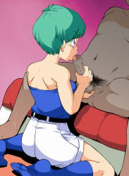 Rule 34 | 1boy, 1girl, amedama akihito, angry, aqua hair, ass, bare arms, bare back, bare shoulders, belt, black belt, blue eyes, blue legwear, blue tubetop, blush, breasts, bulma, caressing testicles, censored, clothed female nude male, dark skin, dragon ball, dragonball z, dutch angle, earrings, fellatio, from below, gradient background, handjob, head out of frame, hetero, jewelry, legs, licking, licking penis, looking at another, male pubic hair, medium breasts, mosaic censoring, neck, nose blush, nude, old school academy, on floor, oral, penis, pubic hair, purple background, shadow, short hair, shorts, sitting, socks, spread legs, strapless, testicle grab, testicles, thighs, tongue, tongue out, tube top, wariza, white shorts