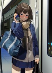 Rule 34 | 1girl, absurdres, bag, blue jacket, blue skirt, blush, brown hair, closed mouth, commentary request, cup, hand grip, highres, holding, holding bag, holding cup, jacket, medium hair, mmmo3, night, open clothes, open jacket, original, plaid, plaid scarf, pleated skirt, scarf, school bag, school uniform, skirt, solo, train interior, untucked, window