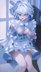 Rule 34 | 1girl, absurdres, alternate costume, blue eyes, blue hair, body writing, breasts, cleavage, clothing cutout, commentary, dress, drop-shaped pupils, frilled dress, frilled sleeves, frills, furina (genshin impact), furrowed brow, genshin impact, hat, heterochromia, highres, indol, juliet sleeves, long sleeves, looking at viewer, medium breasts, mismatched pupils, multicolored hair, open mouth, puffy sleeves, shoulder cutout, sitting, smile, solo, streaked hair, symbol-shaped pupils, thighs, top hat, white dress, white hair, white hat
