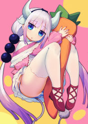Rule 34 | 1girl, :o, absurdres, ass, beads, blue eyes, blunt bangs, blush, capelet, commentary request, dragon girl, dragon horns, dragon tail, full body, gradient hair, hair beads, hair ornament, hairband, highres, holding, horns, huge filesize, hugging object, jitome, kanna kamui, kobayashi-san chi no maidragon, light purple hair, long hair, long sleeves, looking at viewer, low twintails, multicolored hair, no shoes, open mouth, panties, pantyshot, red footwear, shoes, solo, striped clothes, striped panties, stuffed carrot, tail, thighhighs, thighs, twintails, underwear, white panties, white thighhighs, xingchee