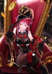 Rule 34 | 1girl, anizi, black footwear, black jacket, black leotard, blush, boots, breasts, brown pantyhose, cleavage, closed mouth, coin, gloves, gold coin, hair between eyes, hat, high heel boots, high heels, highres, holding, holding coin, hololive, houshou marine, houshou marine (marching band), jacket, large breasts, leotard, long hair, long sleeves, looking at viewer, multicolored hair, open clothes, open jacket, orange eyes, pantyhose, puffy long sleeves, puffy sleeves, red hair, see-through, see-through cleavage, shako cap, sitting, solo, streaked hair, thigh boots, virtual youtuber, white hair