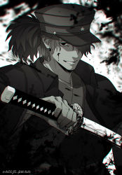 Rule 34 | 1boy, artist name, asymmetrical bangs, blood, blood on face, collar, fate/grand order, fate (series), hat, holding, holding sword, holding weapon, katana, long hair, long sleeves, looking at viewer, male focus, meiji ken, monochrome, okada izou (fate), open clothes, parted lips, peaked cap, ponytail, smile, solo, standing, star (symbol), sword, weapon