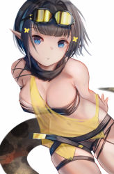 Rule 34 | 1girl, absurdres, arknights, bandeau, bare shoulders, black hair, black panties, black scarf, blue eyes, blunt bangs, chinese commentary, commentary request, cowboy shot, eunectes (arknights), goggles, goggles on head, highres, laozhanshi, looking at viewer, panties, partial commentary, pointy ears, revision, scarf, see-through, short hair, simple background, snake tail, solo, strapless, tail, thigh strap, thighs, torn clothes, tube top, underwear, white background