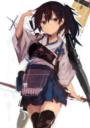 Rule 34 | 1girl, absurdres, apron, blue hakama, bow (weapon), brown eyes, brown hair, commentary request, flight deck, hakama, hakama short skirt, hakama skirt, highres, japanese clothes, kaamin (mariarose753), kaga (kancolle), kantai collection, long hair, machinery, muneate, quiver, side ponytail, skirt, solo, tasuki, thighhighs, tsurime, weapon, white background, yumi (bow)