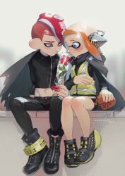 Rule 34 | 1boy, 1girl, agent 3 (splatoon), agent 8 (splatoon), ankle boots, banonefans, bike shorts, black cape, black footwear, black pants, black shirt, black shorts, blue eyes, blunt bangs, blush, boots, cape, closed mouth, colored skin, commentary, couple, dated, flower, gift, headgear, hetero, holding, holding flower, holding gift, inkling, inkling girl, inkling player character, long hair, long sleeves, looking at another, midriff, mohawk, navel, nintendo, octoling, octoling boy, octoling player character, orange hair, pants, pointy ears, red skin, shadow, shirt, shoes, short hair, shorts, single vertical stripe, sitting, sneakers, splatoon (series), splatoon 1, splatoon 2, splatoon 2: octo expansion, squidbeak splatoon, suction cups, sweatdrop, tentacle hair, torn cape, torn clothes, turtleneck, valentine, vest, yellow footwear, yellow vest, zipper