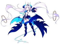 Rule 34 | 1girl, absurdly long hair, absurdres, armor, bat wings, blue bow, blue eyes, blue footwear, boots, bow, braid, chain, crown, detached sleeves, elsword, french braid, full body, greaves, grin, highres, horns, hwansang, leotard, long hair, luciela r. sourcream, noblesse (elsword), official art, pointy ears, smile, solo, symbol-shaped pupils, tail, thigh boots, thighhighs, transparent background, twintails, very long hair, white hair, wings