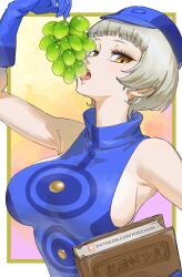 Rule 34 | 1girl, armpits, bare shoulders, blue hat, border, breasts, commentary request, eating, elizabeth (persona), eyelashes, food, fruit, gradient background, grapes, grey hair, hat, highres, large breasts, outside border, persona, persona 3, pink background, poechan chan, short hair, solo, tongue, two-tone background, upper body, white border, yellow background, yellow eyes