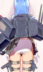 Rule 34 | 10s, 1girl, aburisamon, arms at sides, ass, blue hair, cannon, clothes lift, from behind, gloves, hatsukaze (kancolle), highres, kantai collection, long hair, mecha musume, panties, personification, pleated skirt, rocket, school uniform, skirt, skirt lift, solo, turret, underwear, upskirt, wardrobe malfunction, white gloves, white panties