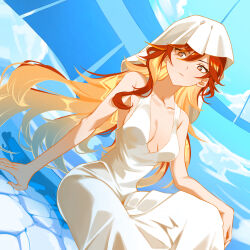 1girl bare_arms blonde_hair breasts brown_eyes cleavage closed_mouth dress dutch_angle floating_hair frown genshin_impact highres long_hair looking_at_viewer mavuika_(genshin_impact) medium_breasts multicolored_hair red_hair sideboob sitting sleeveless sleeveless_dress solo symbol-shaped_pupils two-tone_hair user_vtny7572 very_long_hair white_dress