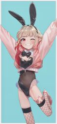 Rule 34 | 1girl, animal ears, arms up, black leotard, blonde hair, blush, border, detached collar, fake animal ears, fishnet thighhighs, fishnets, highres, jacket, leg tattoo, leotard, looking at viewer, makaino ririmu, nijisanji, one eye closed, open clothes, open jacket, pink jacket, playboy bunny, pointy ears, rabbit ears, red eyes, sabamen, short hair, simple background, smile, solo, strapless, strapless leotard, tattoo, thighhighs, virtual youtuber, white border