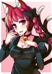 Rule 34 | 1girl, :d, animal ears, bell, neck bell, blush, bow, braid, breasts, cat ears, cleavage, collar, dress, fang, hair bow, hair ribbon, head tilt, highres, kaenbyou rin, multiple tails, open mouth, paw pose, red eyes, red hair, ribbon, smile, solo, tail, tanakara, touhou, tress ribbon, twin braids, two tails