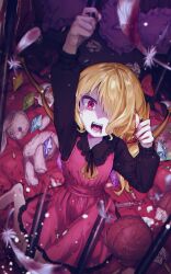 Rule 34 | 1girl, ama (pixiv 50406250), black shirt, blonde hair, collared shirt, crying, crying with eyes open, crystal, dress, feathers, fingernails, flandre scarlet, hair over one eye, highres, long fingernails, long hair, long sleeves, nail polish, one side up, open mouth, red dress, red eyes, red nails, sharp fingernails, shirt, solo, stuffed animal, stuffed rabbit, stuffed toy, tears, touhou, wings