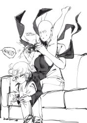 Rule 34 | 1boy, 1girl, artist request, ass, bare legs, barefoot, black dress, controller, couch, dress, feet, feet up, game controller, head between legs, highres, kneepits, legs, legs up, one-punch man, saitama (one-punch man), sitting, tagme, tatsumaki, the golden smurf, thick thighs, thighs, toes, upside-down, video game