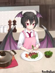 Rule 34 | 1girl, apron, bell pepper, bell pepper slice, black hair, copyright name, counter, food, garnish, head wings, indoors, meat, midori (m ryokutya), necktie, pandora party project, pepper, pink apron, plate, pot, red eyes, red necktie, shirt, short hair, smile, solo, standing, upper body, white shirt, wings