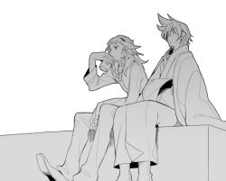 Rule 34 | 10s, 2boys, boots, brothers, buebue, can, crossed arms, denim, dress shirt, drinking, closed eyes, greyscale, hands in opposite sleeves, headband, japanese clothes, jeans, jewelry, leaning forward, long hair, looking away, monochrome, multiple boys, necklace, pants, shimogamo yaichirou, shimogamo yajirou, shirt, siblings, sitting, spiked hair, uchouten kazoku, white background