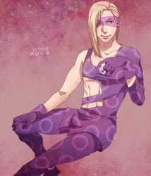 Rule 34 | 1boy, blonde hair, bottle, character name, dated, domino mask, foxvulpine, green eyes, jojo no kimyou na bouken, long hair, male focus, mask, melone, sitting, solo