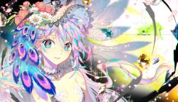 Rule 34 | 1girl, aqua hair, artist name, bad id, bad pixiv id, bare shoulders, beads, blurry, breasts, c.seryl, cleavage, clover, earrings, eyelashes, feather hair ornament, feathers, floating hair, flower, four-leaf clover, frills, gem, green eyes, hair beads, hair between eyes, hair flower, hair ornament, hourglass, jewelry, lace trim, long hair, looking at viewer, multicolored hair, necklace, original, parted lips, peacock feathers, petals, pink lips, purple hair, red flower, small breasts, smile, solo, strapless, streaked hair, upper body, white flower