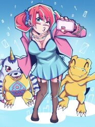 Rule 34 | absurdres, agumon, black stockings, breasts, cleavage, digimon, digimon story: cyber sleuth, gabumon, hair ornament, hairpin, highres, jacket, jewelry, long hair, necklace, one eye closed, see-through, see-through thighhighs, shiramine nokia, thighhighs, twintails, wink
