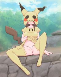 Rule 34 | 1girl, breasts, cleft of venus, clothes lift, covered eyes, creatures (company), day, dress, dress lift, facing viewer, fewer digits, fingernails, flashing, full body, game freak, gen 7 pokemon, hood, hood up, kionant, medium breasts, mimikyu, nail polish, navel, nintendo, outdoors, personification, pink nails, pokemon, short dress, signature, sitting, smile, solo, spread legs, thighhighs, yellow dress, yellow thighhighs