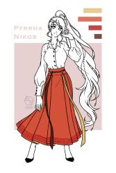 Rule 34 | 1girl, absurdres, alternate costume, black footwear, character name, chinese clothes, collared shirt, color guide, earrings, fatrabbitr, full body, hanfu, high heels, high ponytail, highres, jewelry, limited palette, long hair, long skirt, long sleeves, looking at viewer, ponytail, pyrrha nikos, red skirt, rwby, shirt, shirt tucked in, skirt, smile, solo, standing, very long hair, white eyes, white hair, white shirt