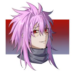 Rule 34 | 1boy, absurdres, chinese commentary, commentary request, deathzhuzhongyan, eyes visible through hair, grey shirt, hair between eyes, hair intakes, highres, male focus, nijou ryuu, patchwork skin, pink hair, portrait, red eyes, saibou shinkyoku, shirt, short hair with long locks, smile, solo, uneven eyes