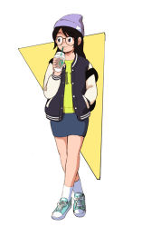 Rule 34 | 1girl, aqua footwear, aragon honnin, backpack, bag, beanie, black hair, drink, drinking, drinking straw, drinking straw in mouth, full body, glasses, hat, jacket, long hair, long sleeves, original, pencil skirt, purple hat, shirt, shoes, skirt, solo, standing, triangle, yellow shirt