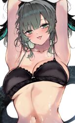 Rule 34 | aqua eyes, arknights, armpits, arms up, black bra, bra, collarbone, grey hair, head wings, highres, ho&#039;olheyak (arknights), kyuu (plastic night q), lace, lace-trimmed bra, lace trim, long tail, looking at viewer, navel, snake girl, snake tail, sweat, tail, tongue, tongue out, two-tone wings, underwear, underwear only, upper body, white background, wings