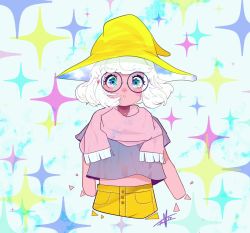 Rule 34 | 1girl, aqua eyes, colored skin, cowboy shot, glasses, hat, looking at viewer, original, pink skin, scarf, signature, star (symbol), starry background, tanja, triangle, white hair, yellow headwear