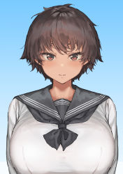 Rule 34 | 1girl, blue background, blush, breasts, brown eyes, brown hair, closed mouth, commentary request, highres, huge breasts, looking at viewer, mdoctkscb, original, school uniform, serafuku, short hair, simple background, solo, upper body