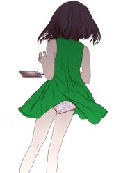 Rule 34 | 1girl, absurdres, ass, black hair, child, dress, female focus, from behind, green dress, highres, lanyard, minecraft, original, panties, polka dot, polka dot panties, simple background, sleeveless, solo, underwear, white background, wysteriary