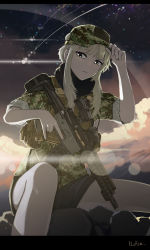 Rule 34 | 1girl, absurdres, adjusting clothes, adjusting headwear, aimpoint, american flag, ar-15, assault rifle, camouflage, gun, hat, highres, load bearing vest, long hair, looking at viewer, magazine (weapon), military, military hat, military uniform, nurim, original, p416, rifle, short hair with long locks, signature, sitting, trigger discipline, uniform, weapon