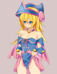 Rule 34 | 1girl, bare shoulders, blonde hair, blue eyes, blush, breasts, cleavage, clothes lift, collarbone, dark magician girl, duel monster, gauntlets, hat, hexagram, highres, jewelry, long hair, necklace, open mouth, shirt, skirt, skirt lift, solo, strapless, yu-gi-oh!, yu-gi-oh! duel monsters, zuttokodomo
