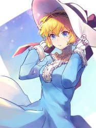 Rule 34 | 1girl, aegis (persona), android, blonde hair, blue eyes, blush, byoru, dress, hat, highres, joints, looking at viewer, mecha musume, persona, persona 3, ribbon, robot, robot joints, short hair, simple background, solo