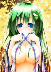 Rule 34 | 1girl, areola slip, blue eyes, blush, breast lift, breasts, breasts squeezed together, collarbone, covered erect nipples, detached sleeves, female focus, frog hair ornament, gradient background, green hair, hair ornament, highres, kochiya sanae, large breasts, long hair, looking at viewer, messy hair, no bra, petals, solo, special tan, touhou, undressing, upper body, yellow background