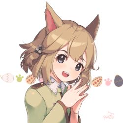 Rule 34 | 1girl, animal ears, bell, blue eyes, blush, cat ears, child, egg, fang, final fantasy, final fantasy xiv, fingers together, hair bell, hair ornament, jingle bell, khloe aliapoh, miqo&#039;te, open mouth, peachy michi, short hair, signature, simple background, solo, upper body, white background