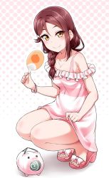 Rule 34 | 1girl, blush, bracelet, braid, clothes lift, collarbone, commentary request, dress, dress lift, hair ornament, hair over shoulder, hairclip, halftone, halftone background, hand fan, high heel sandals, high heels, holding, holding fan, jewelry, long hair, looking at viewer, love live!, love live! school idol festival, love live! sunshine!!, outline, paper fan, pendant, pig, pink dress, pink footwear, red hair, sakurauchi riko, sandals, single braid, smile, solo, squatting, toeless footwear, uchiwa, white outline, yellow eyes, yopparai oni