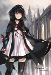 Rule 34 | 1girl, bad id, bad pixiv id, black hair, black thighhighs, cape, character name, choker, dress, elbow gloves, english text, gloves, highres, original, paradise, red eyes, short hair, skirt, solo, swd3e2, thighhighs, watermark, zettai ryouiki