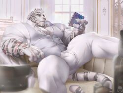 Rule 34 | 1boy, animal ears, arknights, bara, blue eyes, book, bozi (17030417), bulge, couch, feet out of frame, furry, furry male, high ponytail, highres, holding, holding book, jewelry, large bulge, large hands, large pectorals, looking ahead, male focus, mountain (arknights), mountain (book reader) (arknights), muscular, muscular male, on couch, pants, pectoral cleavage, pectorals, reading, ring, scar, scar across eye, scar on arm, short hair, sitting, sleeves rolled up, solo, spread legs, thick thighs, thighs, tiger boy, tiger ears, white fur, white hair