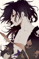 Rule 34 | 1boy, black hair, brown eyes, closed mouth, collarbone, commentary request, dororo (tezuka), highres, holding, hyakkimaru (dororo), long hair, male focus, mo nah, signature, solo, swept bangs, sword, toned, toned male, upper body, weapon, white background