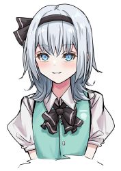 Rule 34 | 1girl, black bow, black bowtie, blue eyes, bow, bowtie, collared shirt, commentary request, cropped arms, cropped torso, green vest, grey hair, headband, highres, konpaku youmu, looking at viewer, parted lips, puffy short sleeves, puffy sleeves, ramiki, shirt, short hair, short sleeves, simple background, sketch, smile, solo, touhou, upper body, vest, white background, white shirt