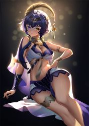 Rule 34 | 1girl, arm support, armlet, black background, black hairband, blue eyes, blue hair, blurry, blurry background, bracer, breasts, candace (genshin impact), cleavage, closed mouth, crop top, dark-skinned female, dark skin, egyptian clothes, eye of horus, genshin impact, gradient background, hair ornament, hair over shoulder, hairband, hand on own hip, heterochromia, jewelry, leaning to the side, looking at viewer, medium breasts, navel, neck ring, pelvic curtain, short hair with long locks, sidelocks, skirt, smile, solo, stomach, thighlet, thighs, yellow eyes, yue xiao e